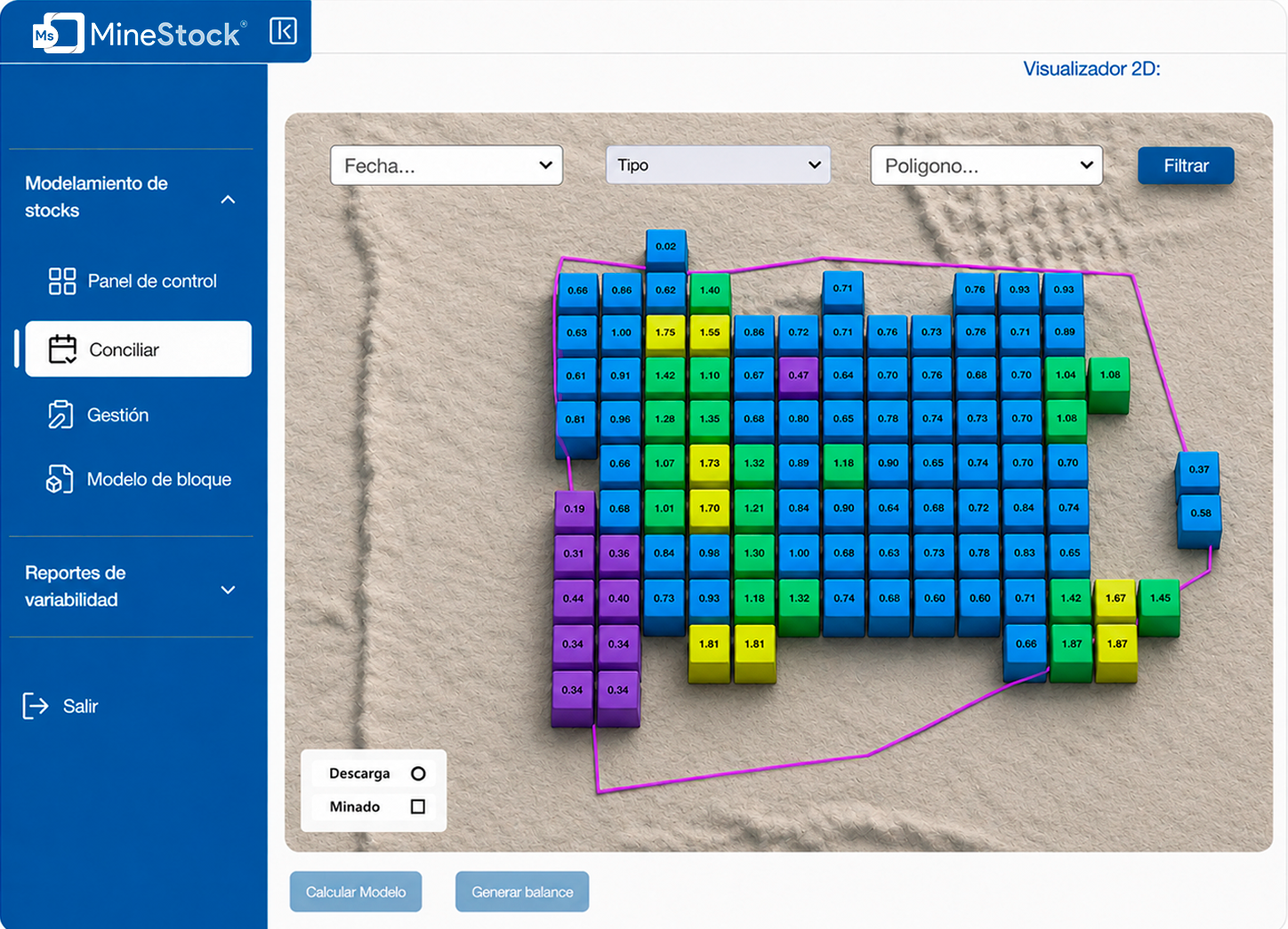 Panel de control de MineStock para visualización y conciliación de inventarios