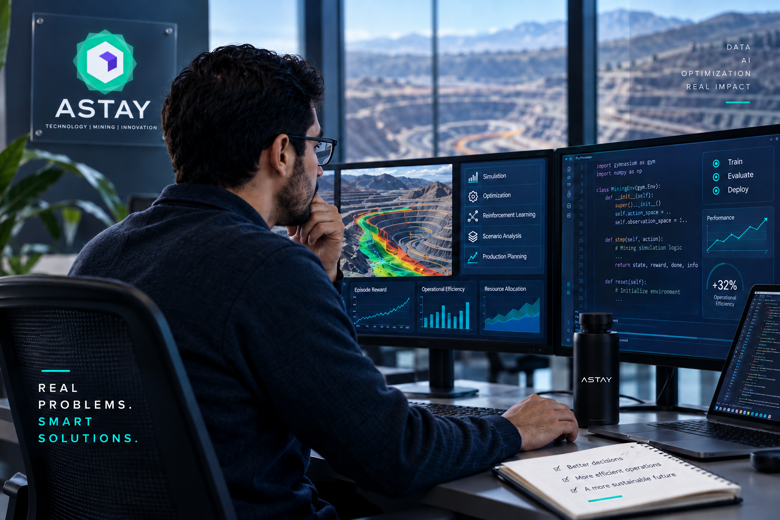 Científico de datos trabajando con inteligencia artificial, simulación y analítica aplicada a minería